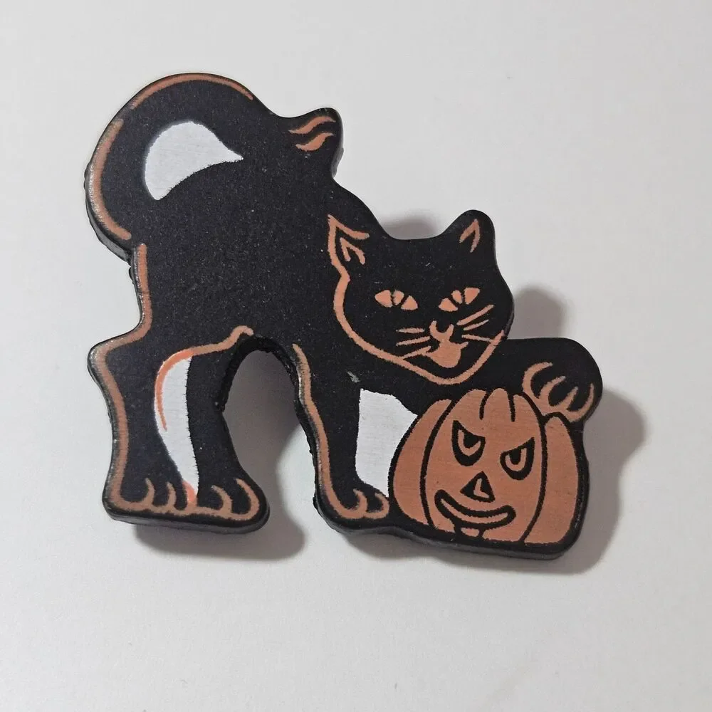 Halloween Black Cat And Pumpkin Wood Brooch